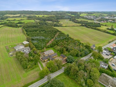 Aerial view of a farm with yellow buildings beside a road, surrounded by fields, a dense conifer forest and scattered trees.